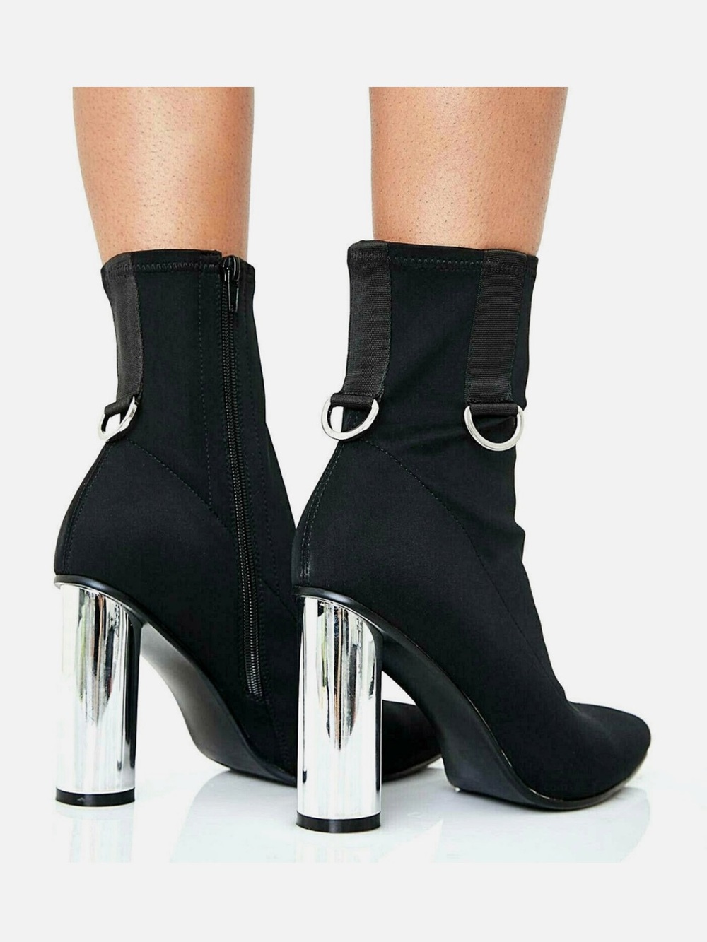 Size 8 Dolls Kill Poster Grl "Elite" Black Neoprene Silver Heel Ankle Boots - Picture 3 of 14